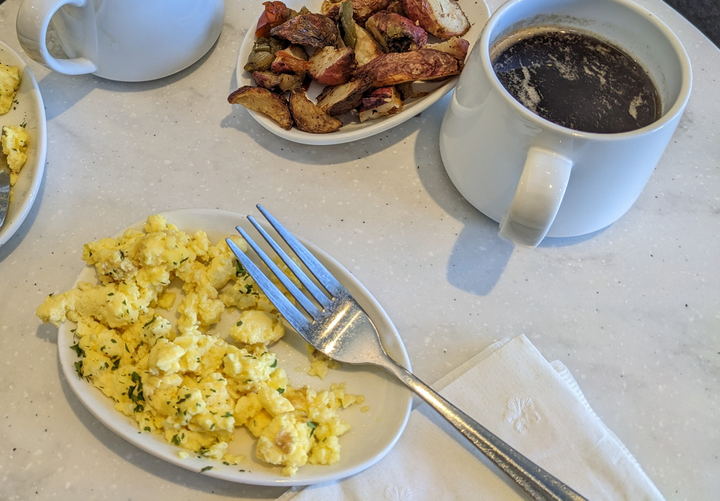 eggs, potatoes, and coffee