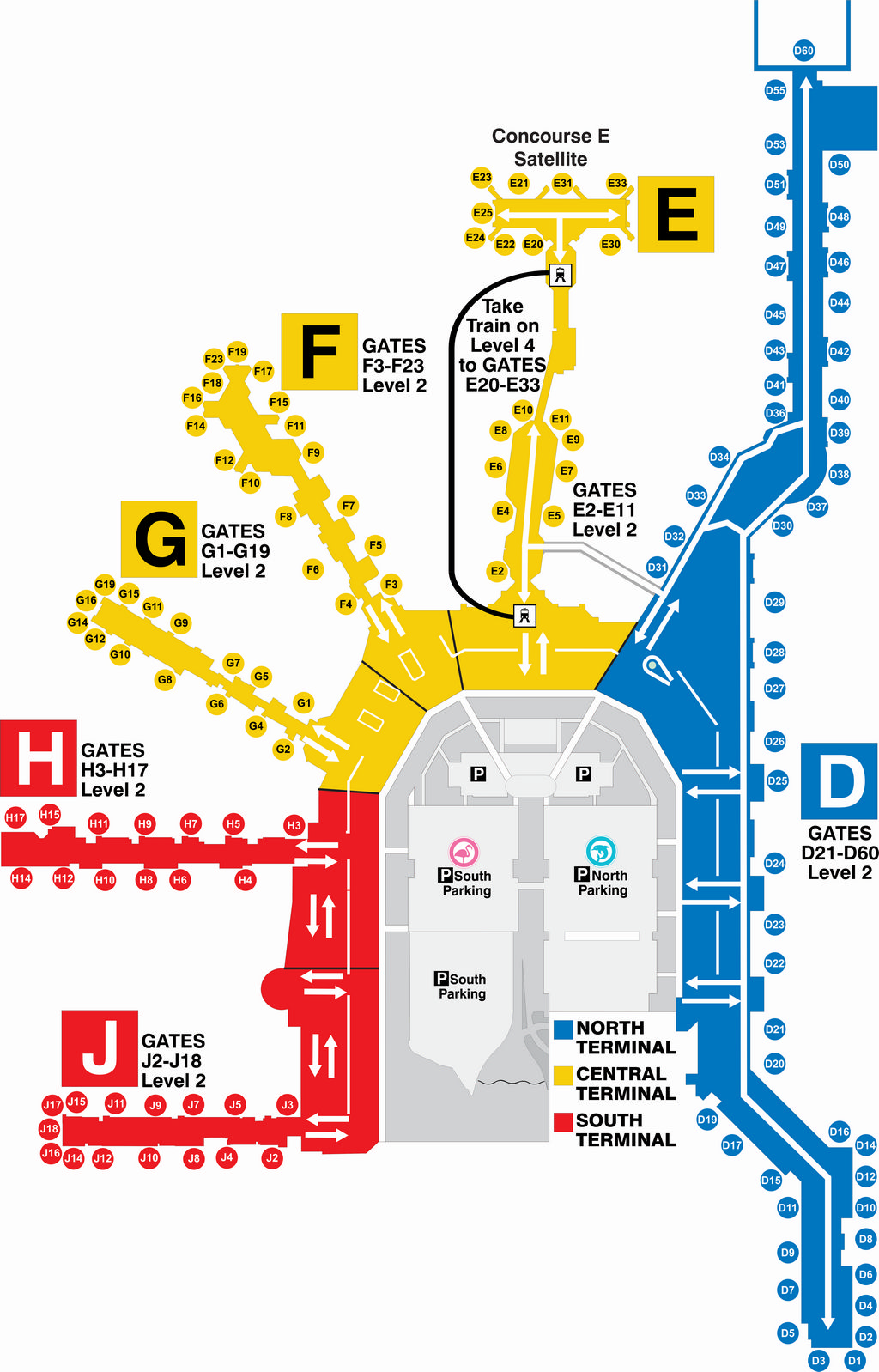 Miami International Airport Terminal Guide showing gates and concourses