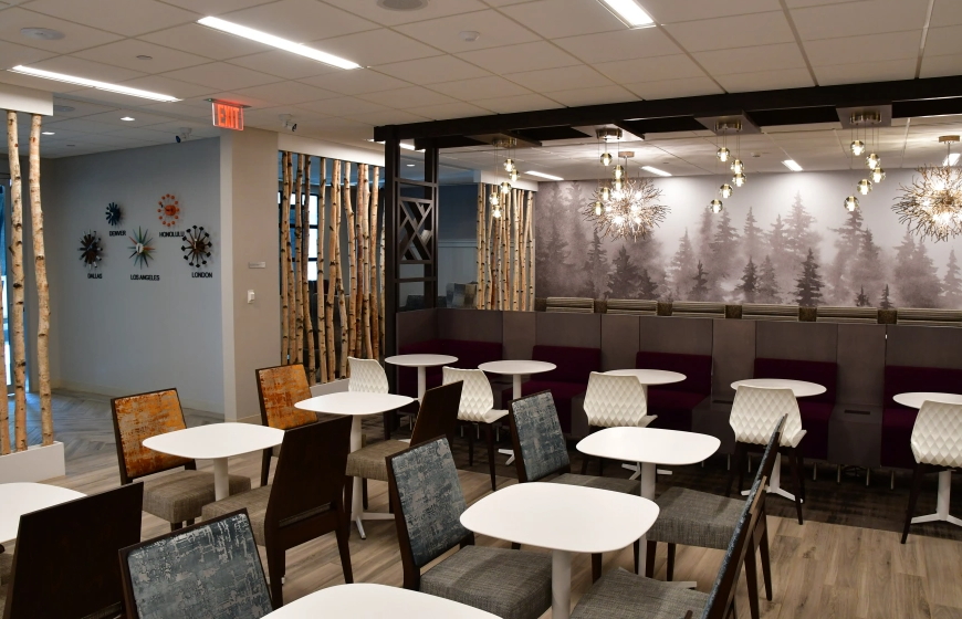 main dining area for Escape Lounge in Syracuse Airport