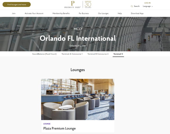 screenshot showing a Plaza Premium lounge on the Priority Pass website.