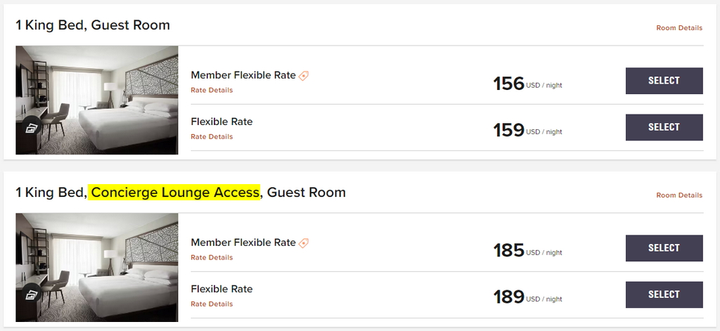 sample listing from the Marriott site showing prices for rooms.