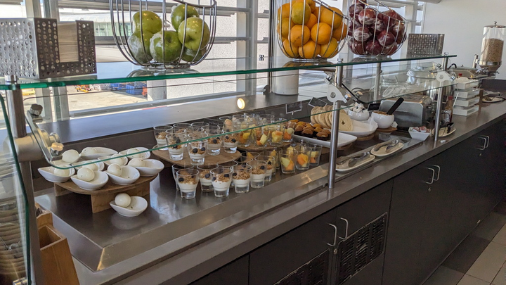buffet with breakfast items.