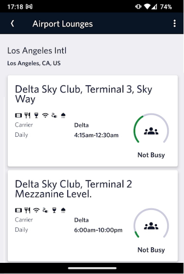 Delta Andorid App showing lounge information.