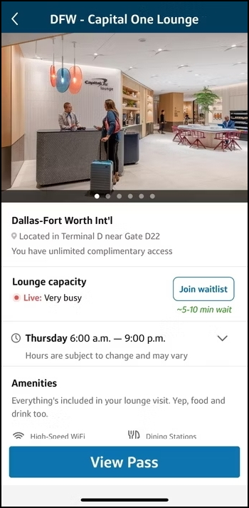 Lounge information page for Capital One DFW, showing busy with a waitlist button.
