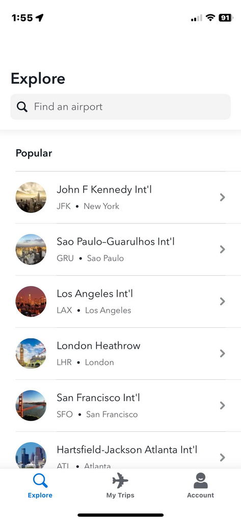 main screen of the iOS mobile app screen, showing airports.