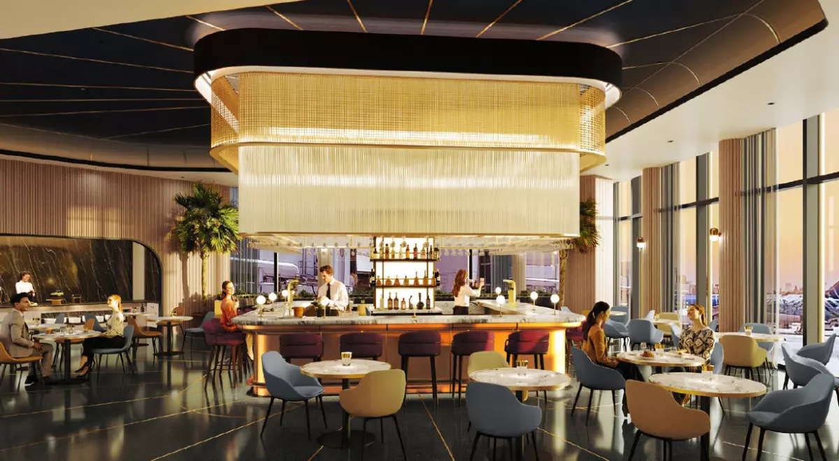 rendering of the Chase Sapphire Lounge LAX bar area.