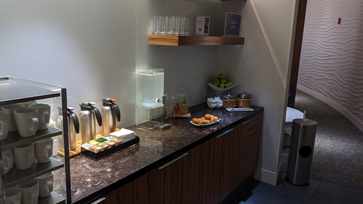 beverage station in the front hallway of the lounge.