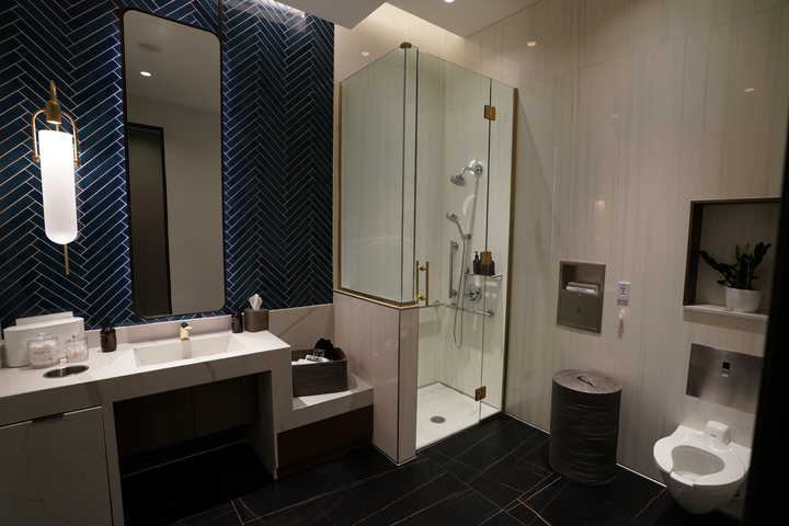 shower area with toilet and vanity.