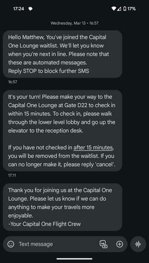 mobile phone screen showing text messages (SMS) from Capital One