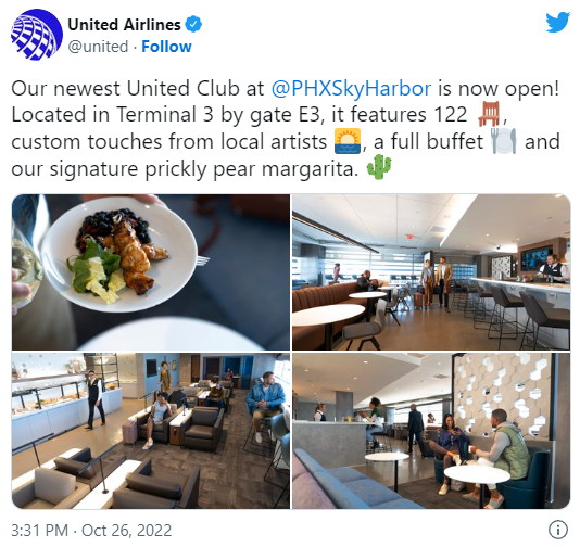tweet announcing the PHX United Club lounge opening