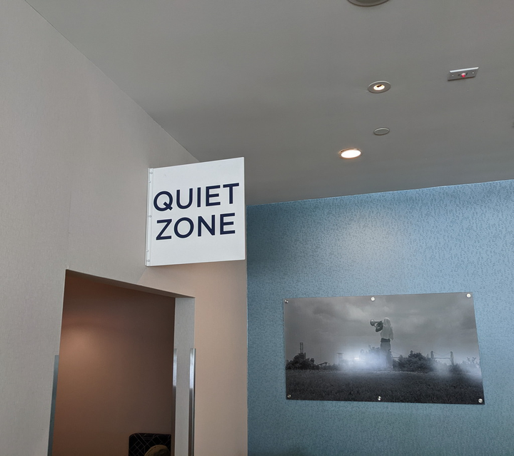 sign and entrance showing the path to the quiet zone area.