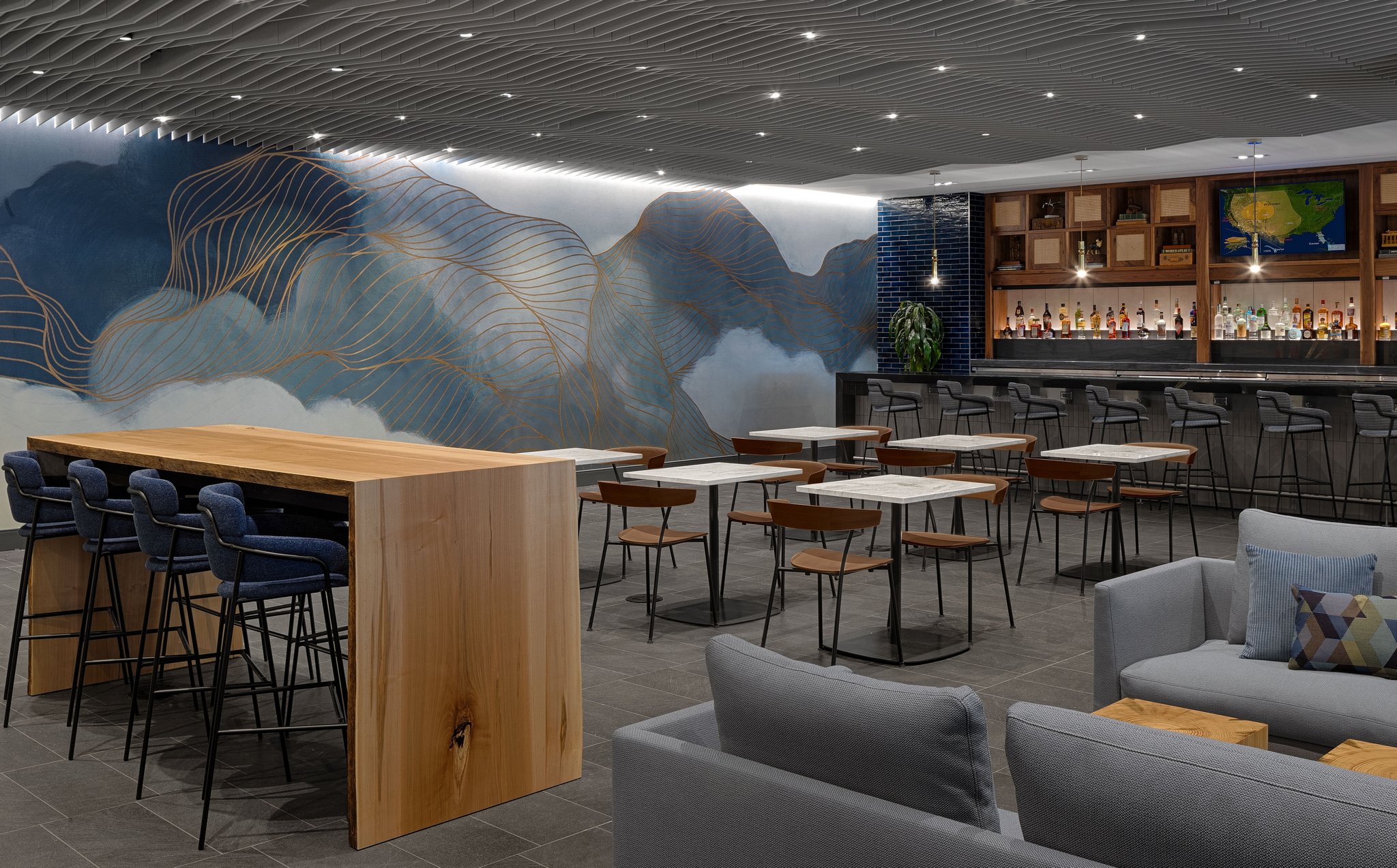 bar area and seating at upgraded SFO Centurion Lounge