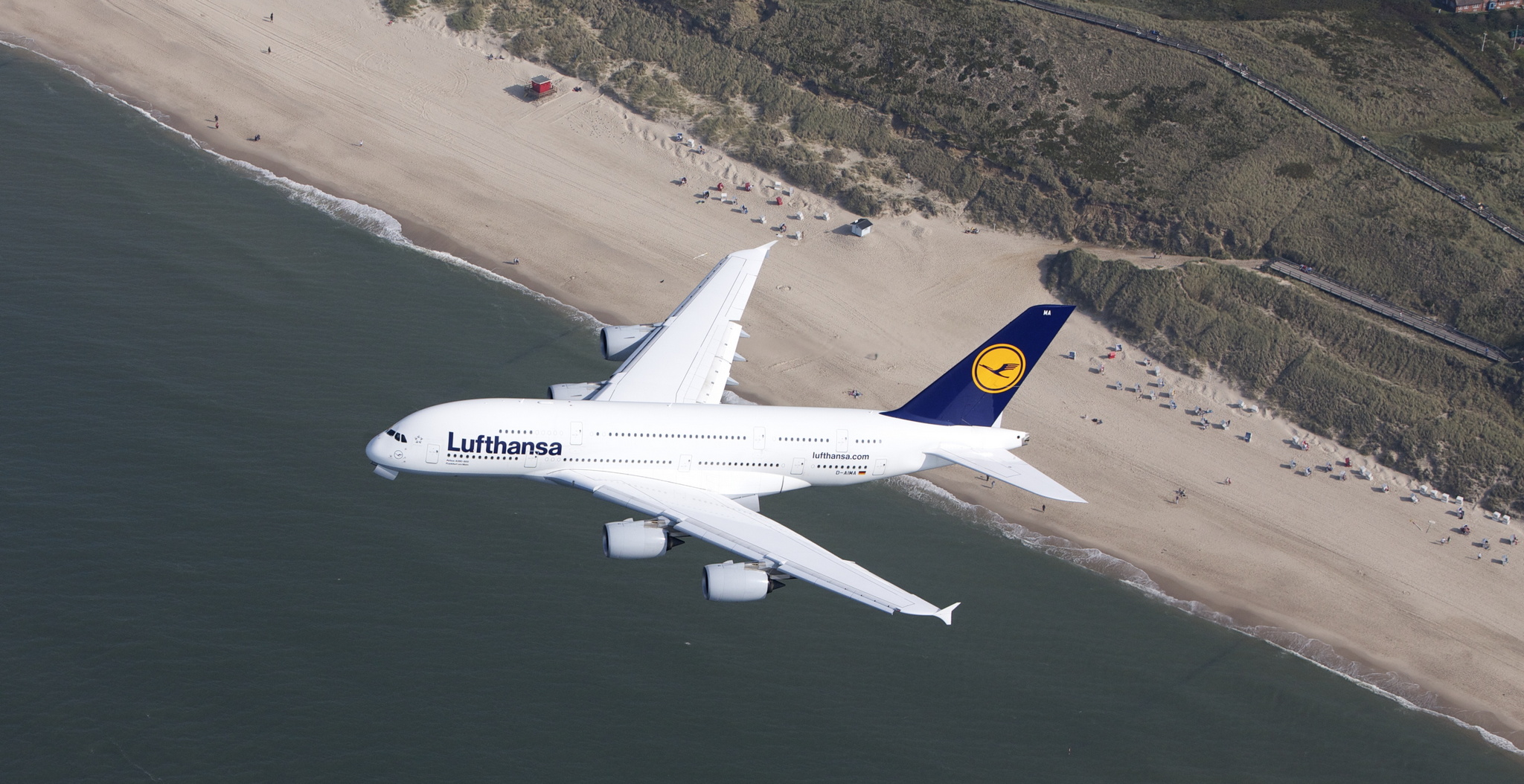Lufthansa A380 Departing over a beach