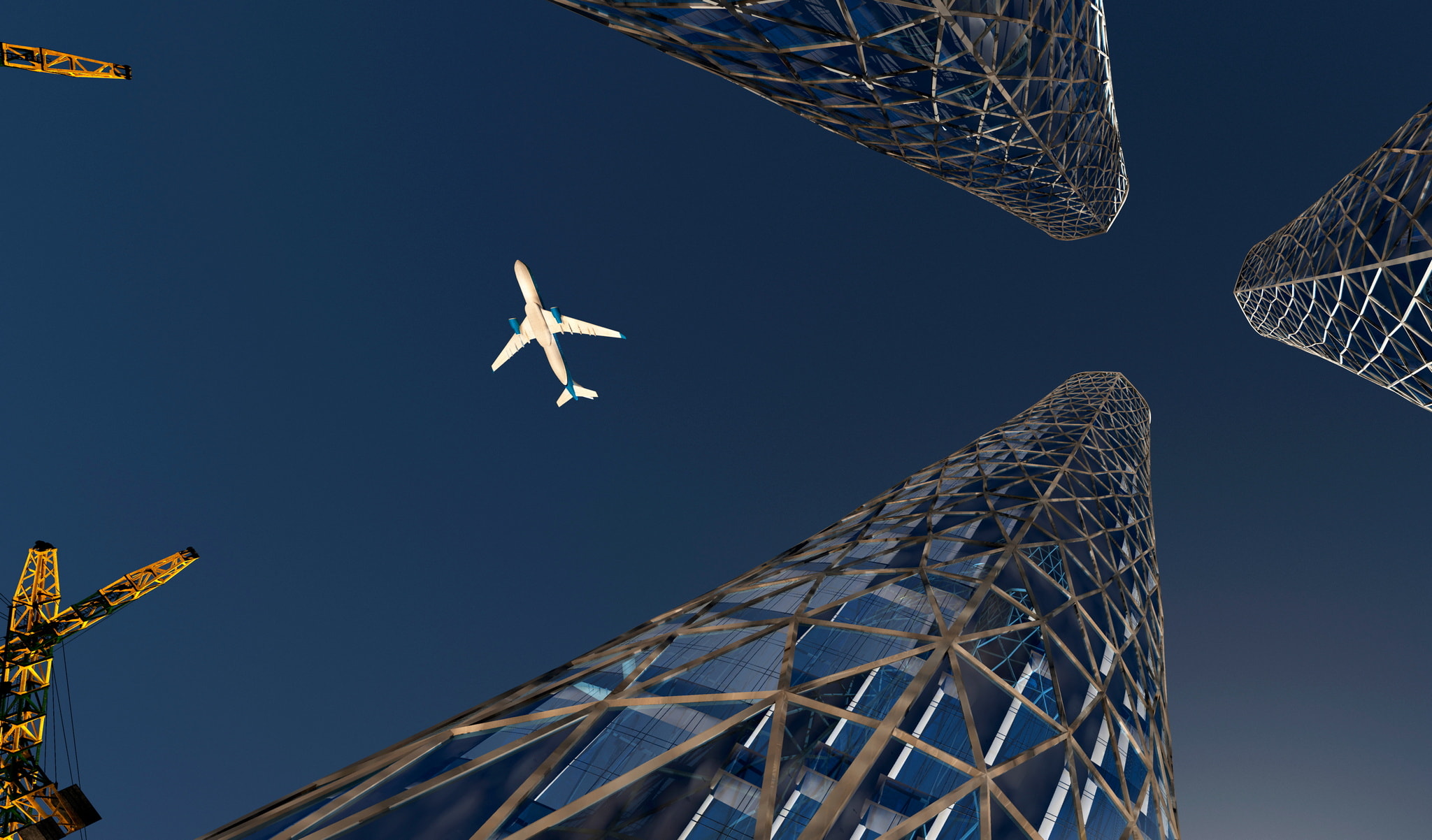 airplane flying between buildings with blue sky