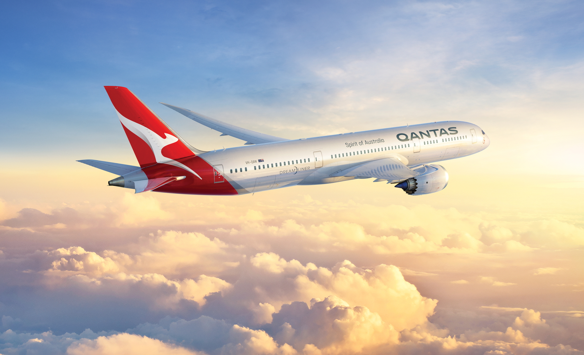 Qantas 787 flying with clouds in the background