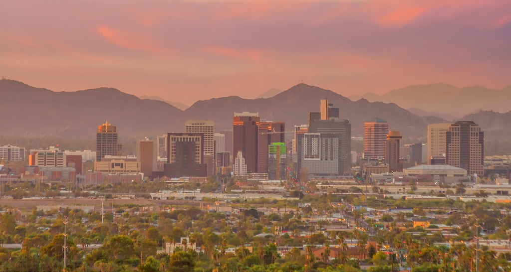 downtown phoenix with mountains in the background