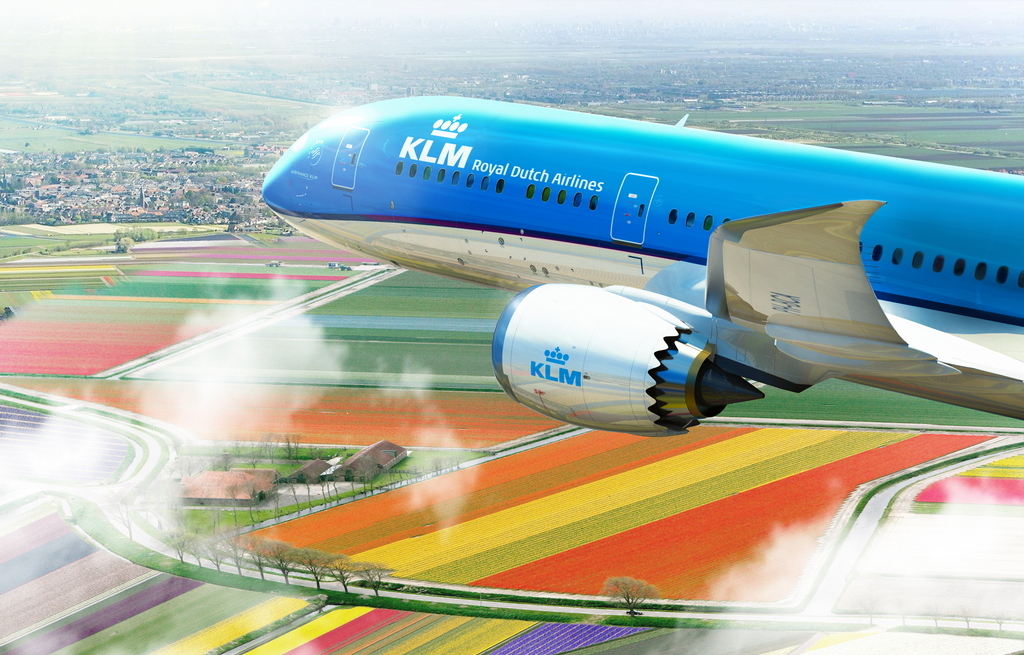 Boeing 787 flying over colorful flower fields