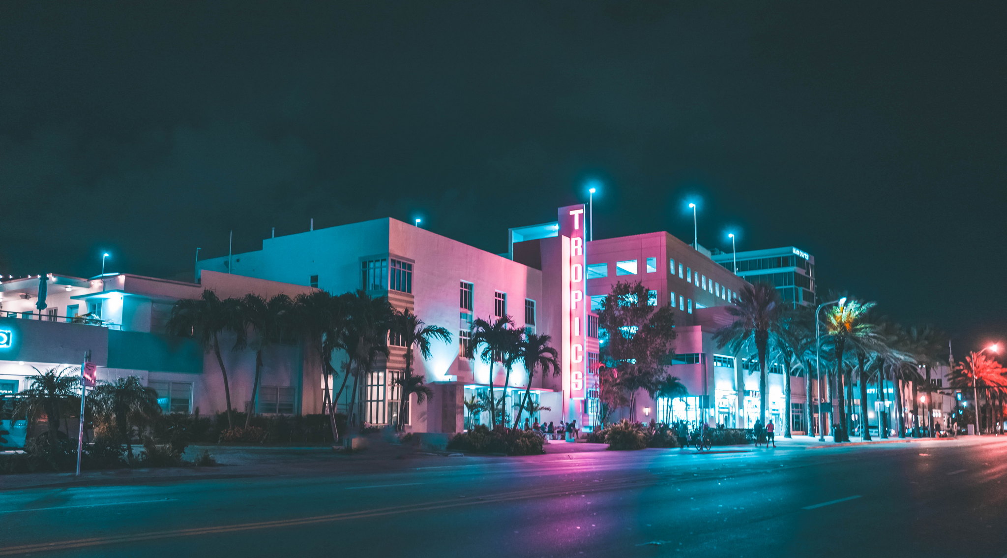 Miami south beach buildings at night